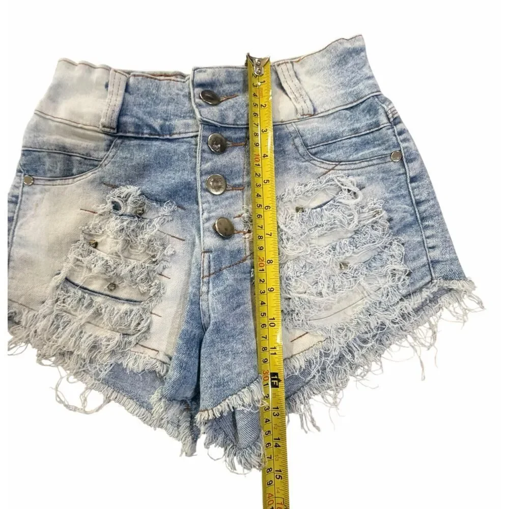 VTG Y2K Hyconts Brazilian Distressed Rhinestone Denim Button Fly Shorts Size 26